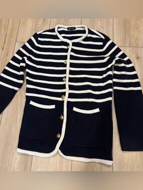 Rag & Bone Nora Stripe Cotton Blend Cardigan navy and cream small s